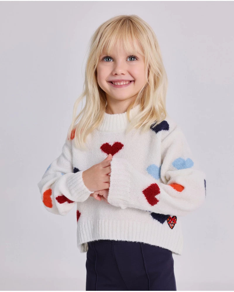Maglione panna per bambina con cuori multicolore