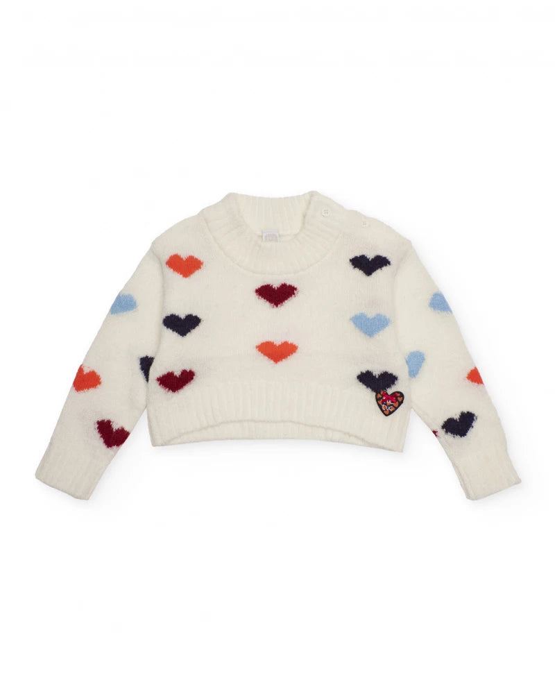 Maglione panna per bambina con cuori multicolore