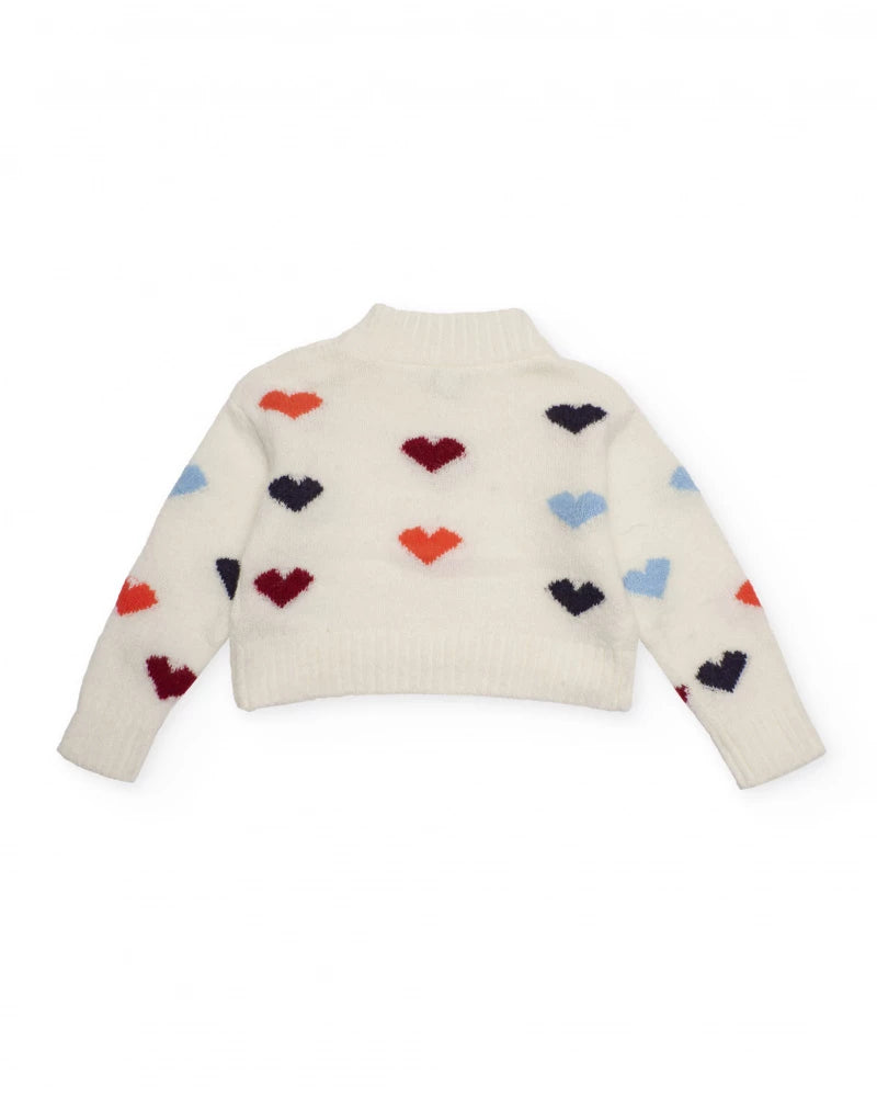 Maglione panna per bambina con cuori multicolore