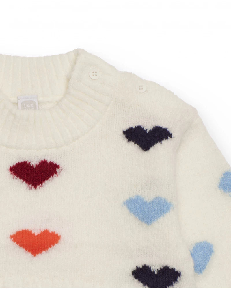 Maglione panna per bambina con cuori multicolore