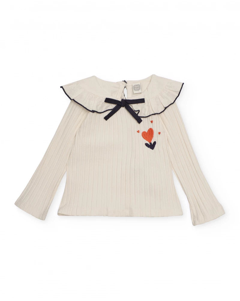 Maglia a costine per bambina in écru con volant e fiocco