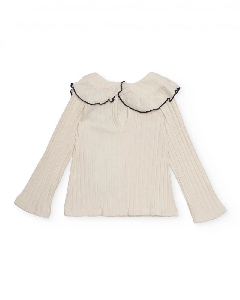 Maglia a costine per bambina in écru con volant e fiocco