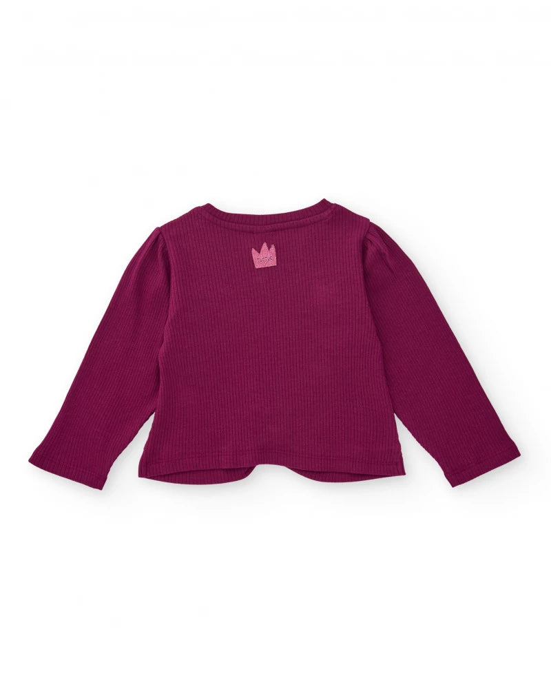 Maglietta a manica lunga per bambina in bordeaux con nodo e applicazioni brillanti