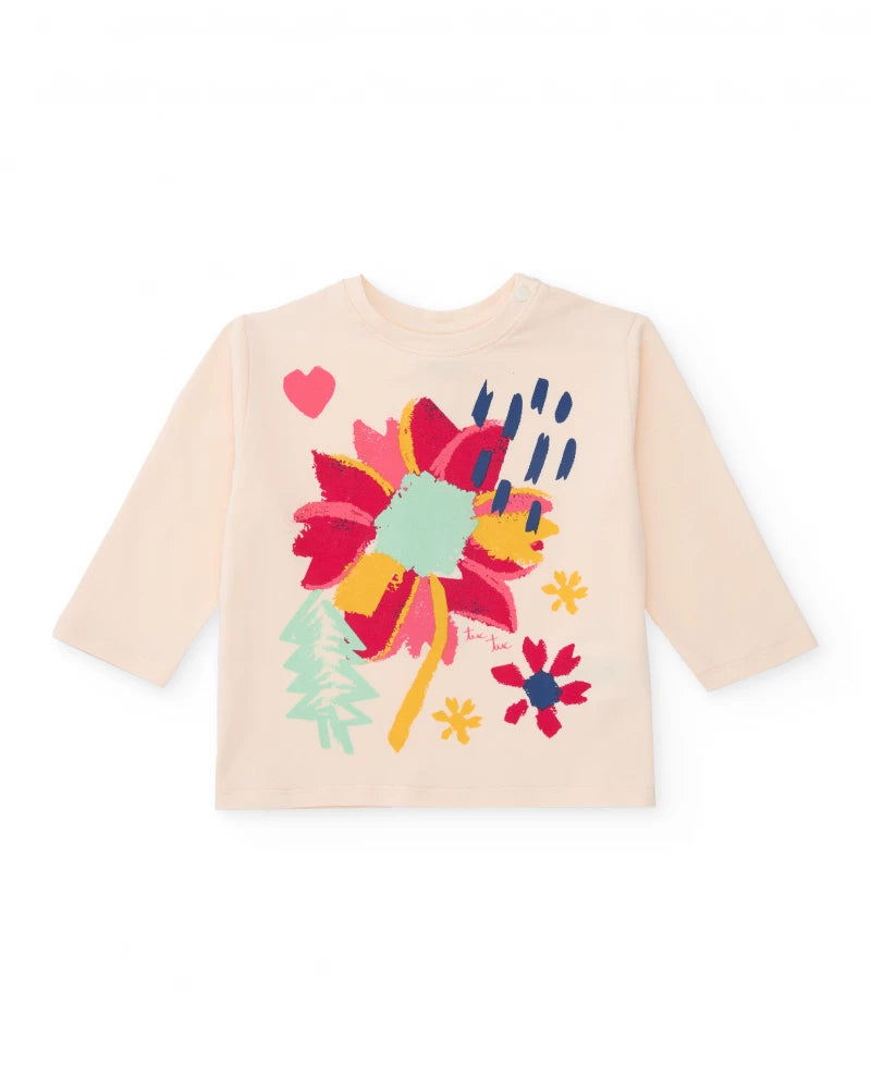 Maglietta a maniche lunghe per bambina color avorio con stampa floreale multicolore.