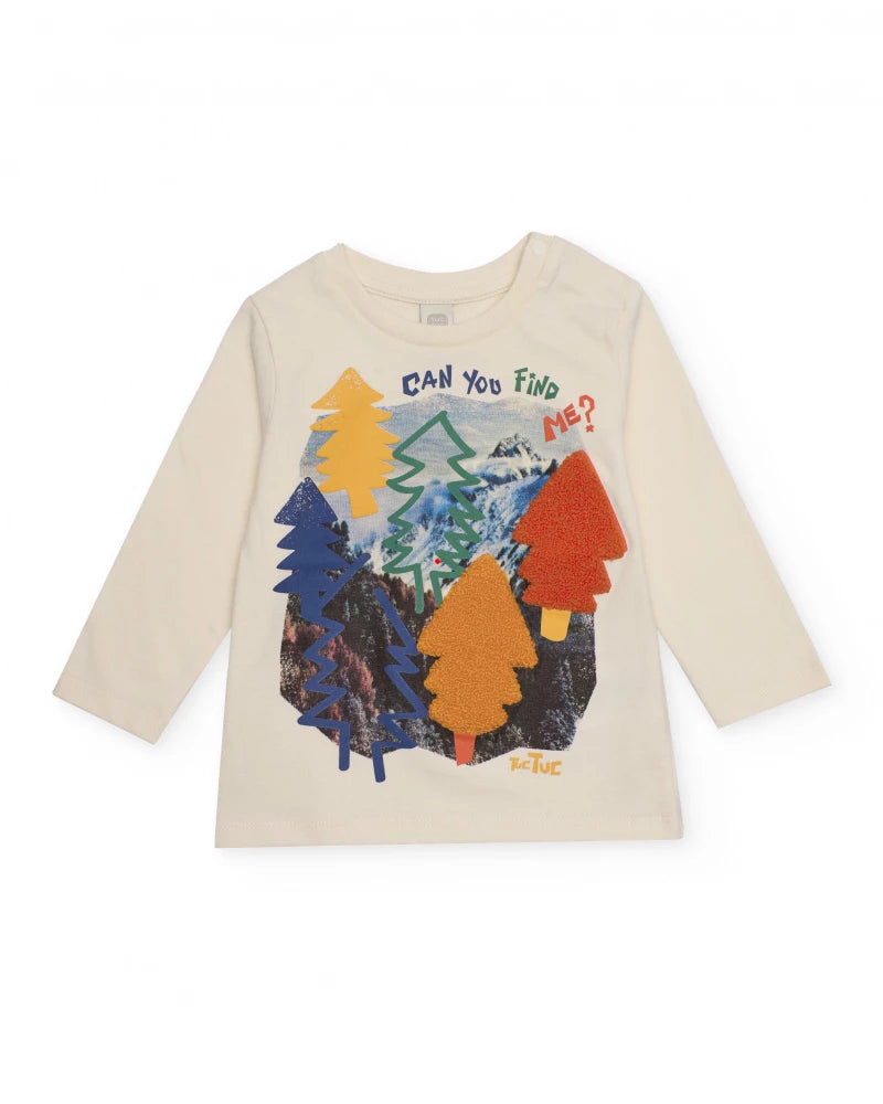 Maglietta a maniche lunghe per bambino color panna con stampa di alberi e frase decorativa.