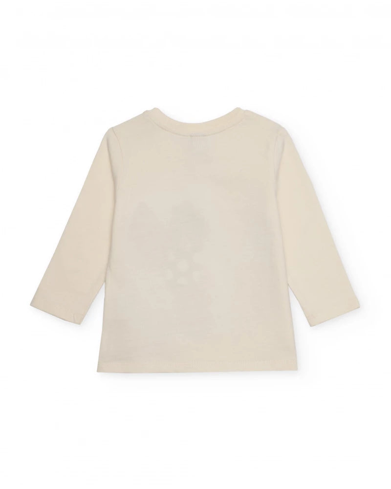 Maglietta a maniche lunghe per bambino color panna con stampa di alberi e frase decorativa.