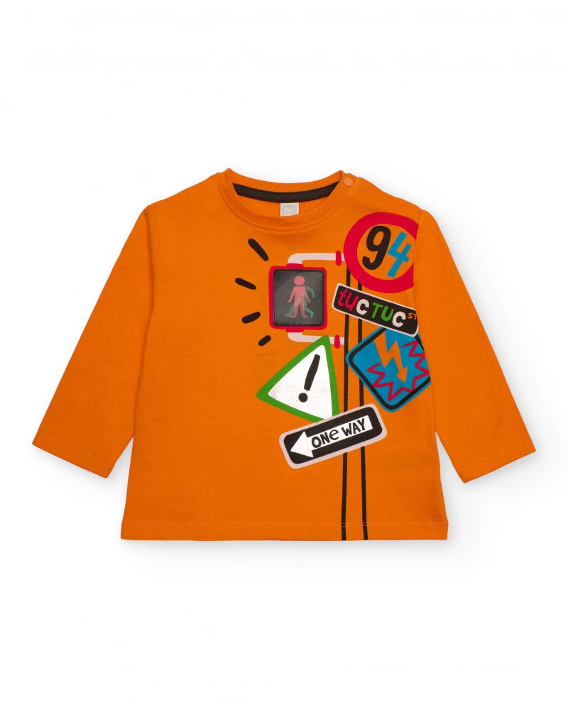 Maglietta a maniche lunghe per bambino in arancione con stampa di segnali stradali