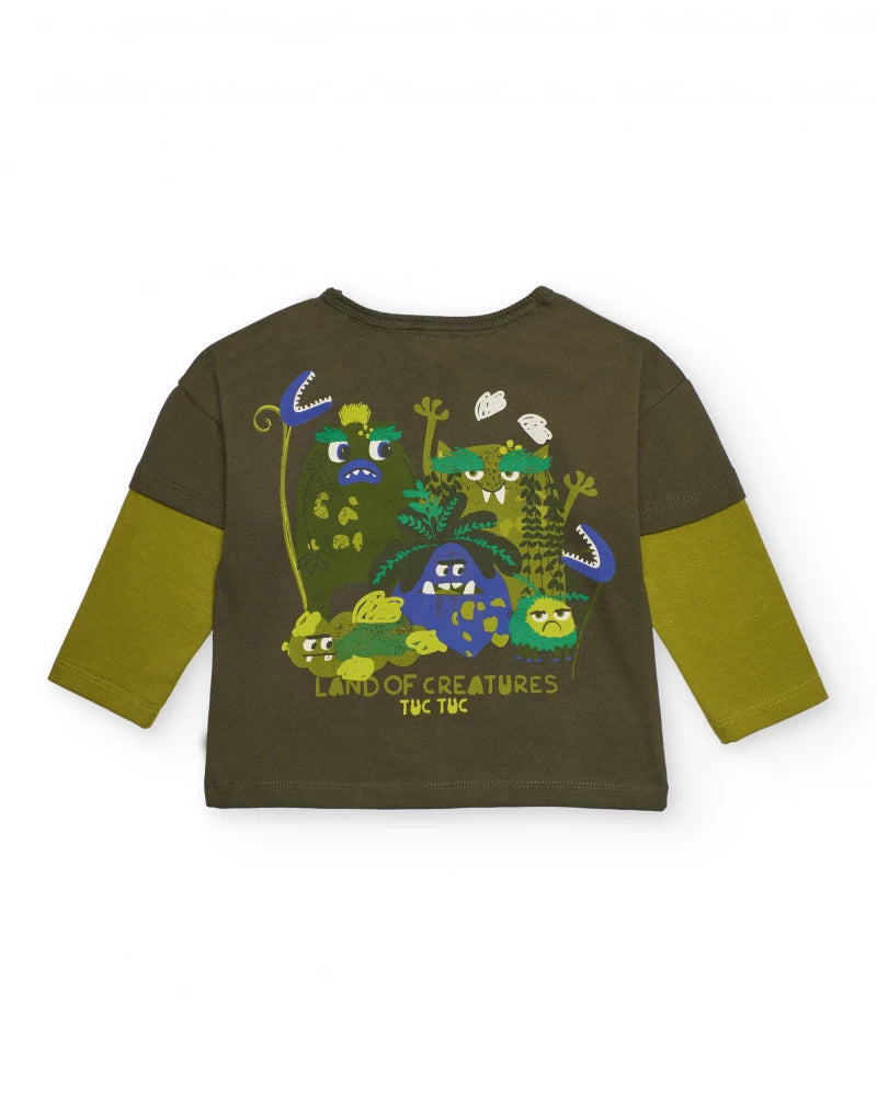 Maglietta a maniche lunghe per bambino in verde oliva con stampa di creatura ed effetto doppia manica.