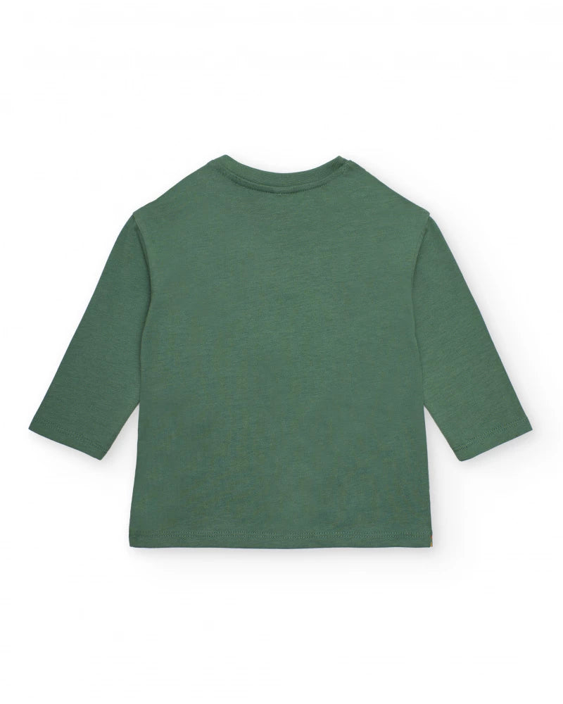 Maglietta a maniche lunghe per bambino verde con stampa di orsi geometrici.
