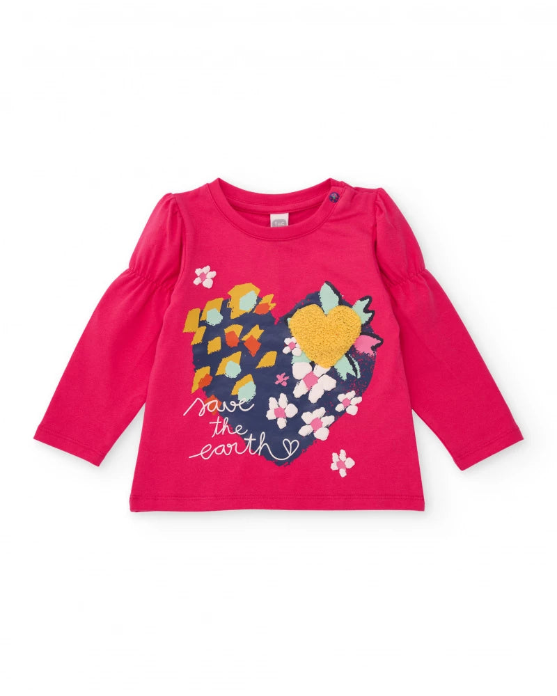 Maglietta in maglia fucsia per bambina con stampa di cuore e messaggio "Save the Earth"