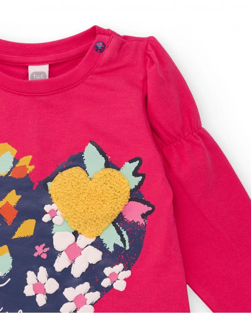 Maglietta in maglia fucsia per bambina con stampa di cuore e messaggio "Save the Earth"