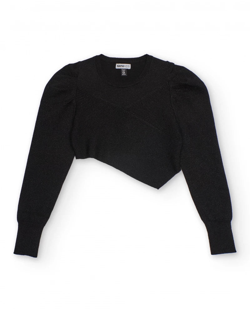 Maglione corto in maglia nero con design asimmetrico per bambina