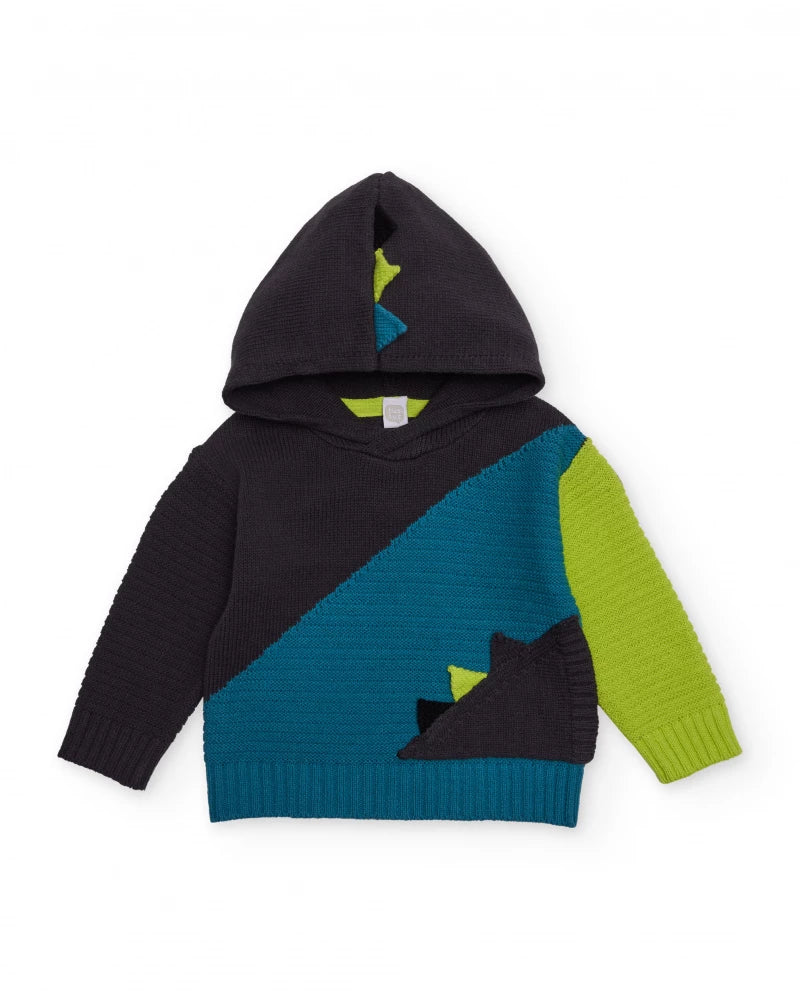 Maglione in maglia con cappuccio per bambino in blu, verde e nero con dettagli dinosauro