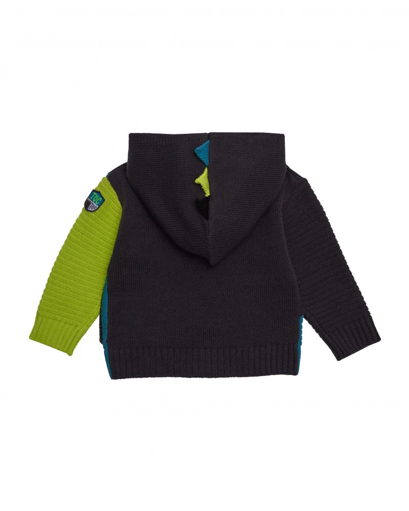 Maglione in maglia con cappuccio per bambino in blu, verde e nero con dettagli dinosauro