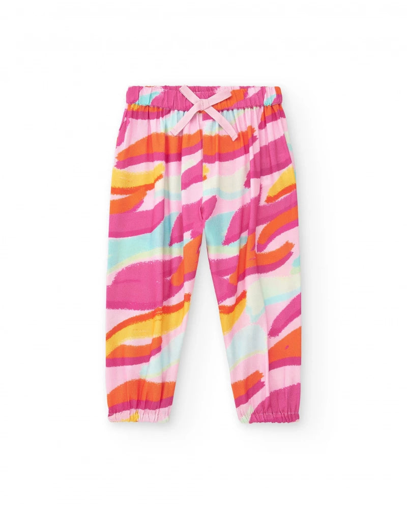 Pantaloni rosa in cotone per bambina con stampa tropicale e fiocco