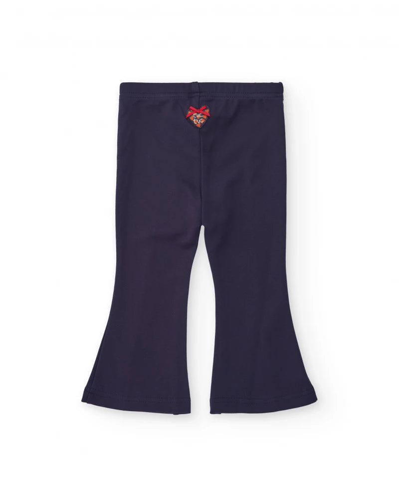 Pantaloni a zampa per bambina in blu navy con dettaglio ricamato
