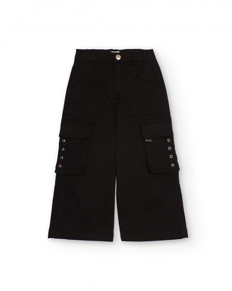 Pantaloni cargo larghi neri con occhielli decorativi per bambina