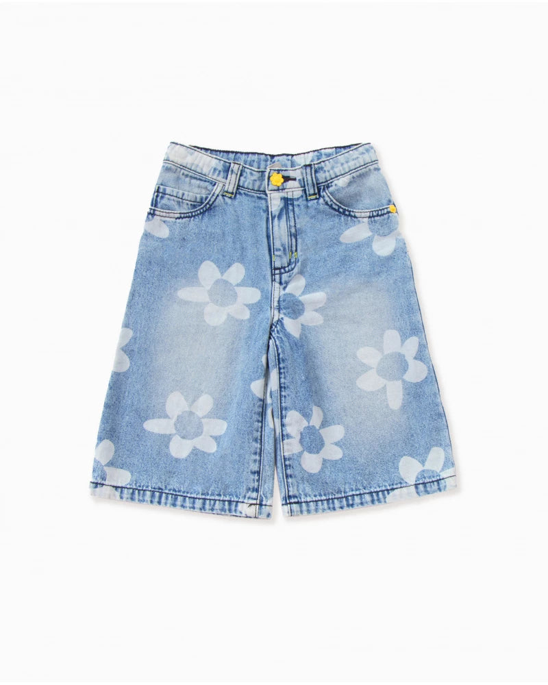 Pantaloni in denim blu da bambina con stampa floreale