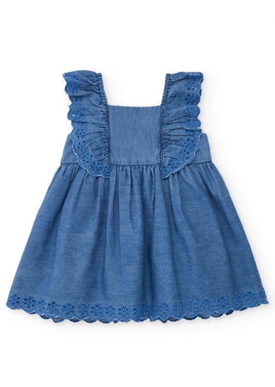 Vestito da bambina in tessuto piano con volant e ricamo floreale