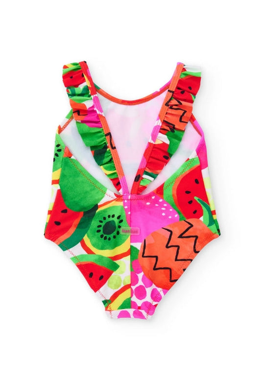 Costume da bagno da bambina in maglia con volant sulle spalline