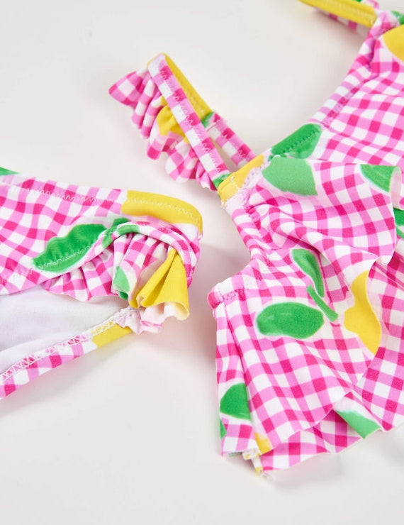 Bikini da bambina in maglia su fondo vichy