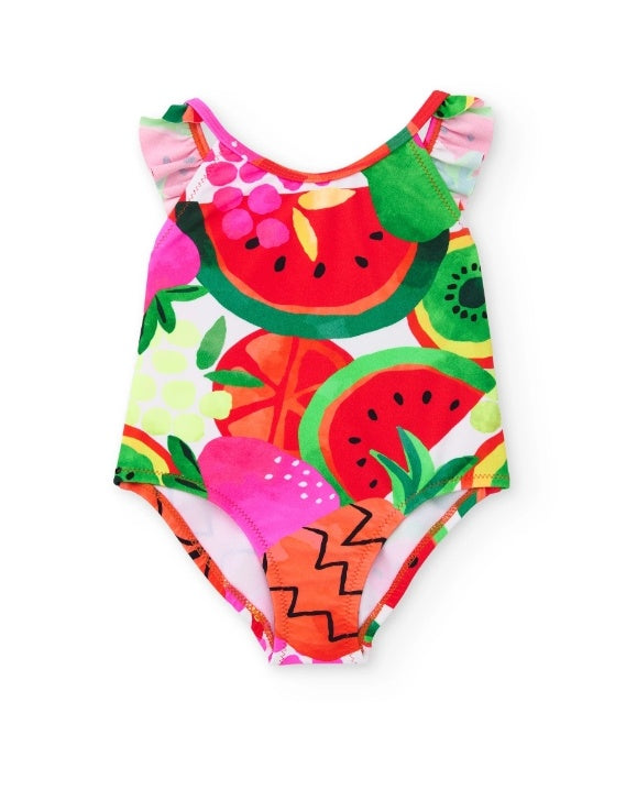 Costume da bagno da bambina in maglia con volant sulle spalline