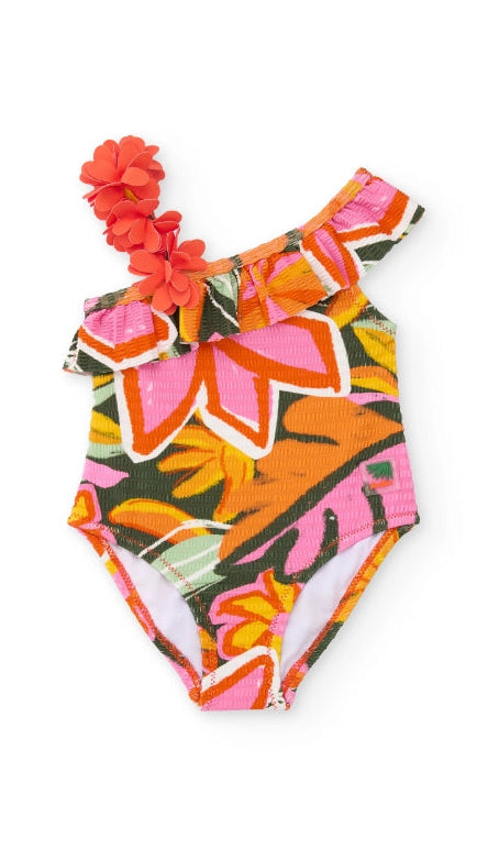 Costume da bagno da bambina in maglia con spallina asimmetrica