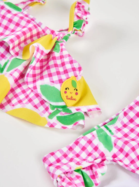 Bikini da bambina in maglia su fondo vichy