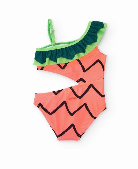 Costume da bagno da bambina in maglia con volant asimmetrico