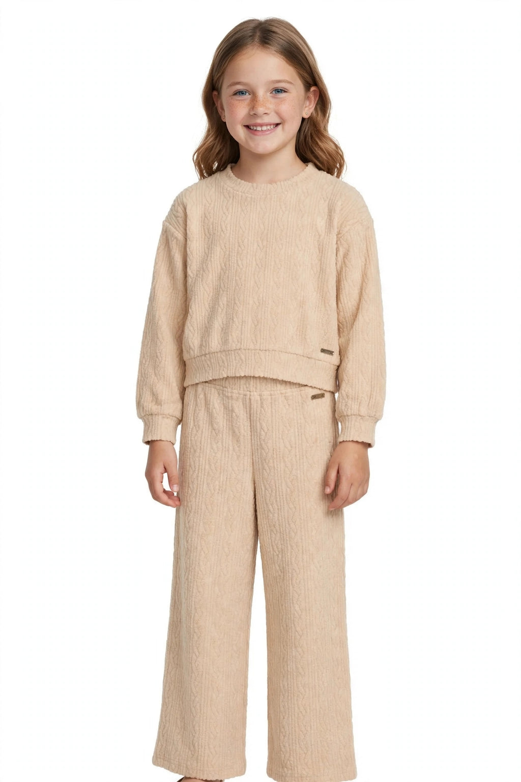 completo da bambina in tricot, maglione dal taglio ampio e tonalità beige, Pantalone a gamba larga e finitura testurizzata  nath kids