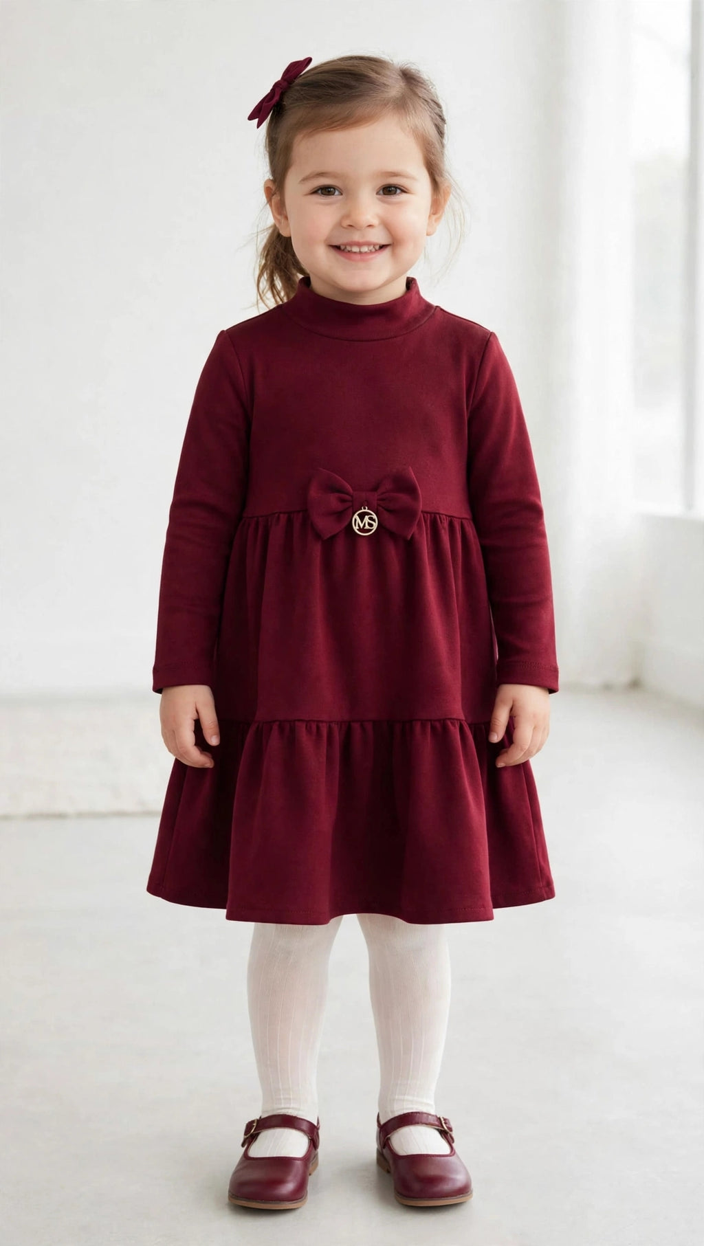 ABITO BAMBINA MON SOURIRE - BORDEAUX TINTA UNITA CON FIOCCO