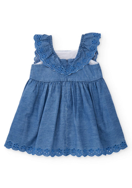 Vestito da bambina in tessuto piano con volant e ricamo floreale