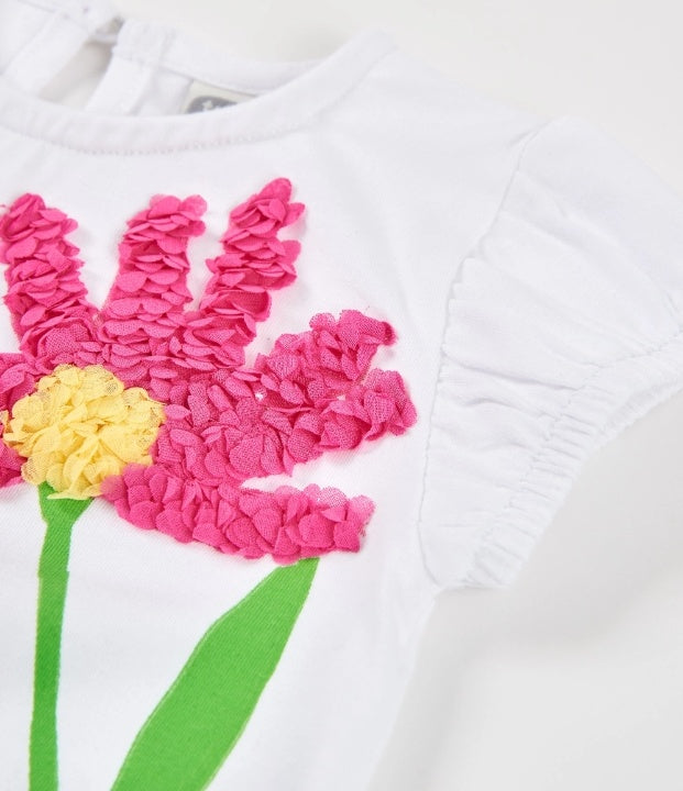 T-shirt da bambina in maglia con fiore in rilievo