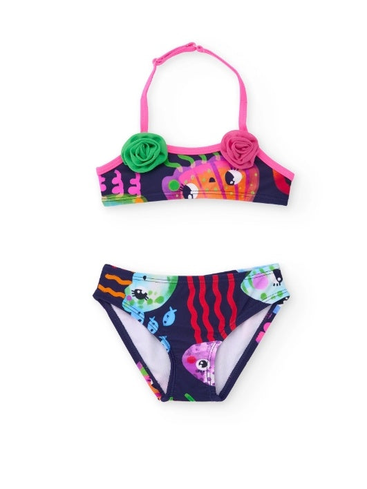 Bikini da bambina in maglia con fiori applicati