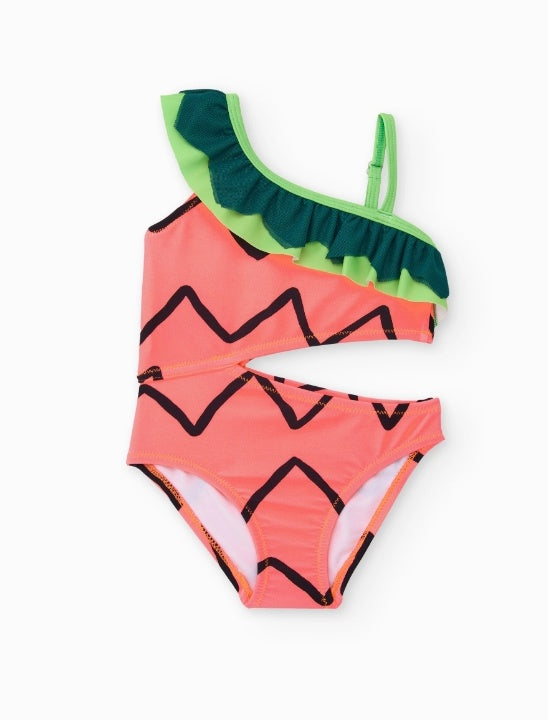 Costume da bagno da bambina in maglia con volant asimmetrico