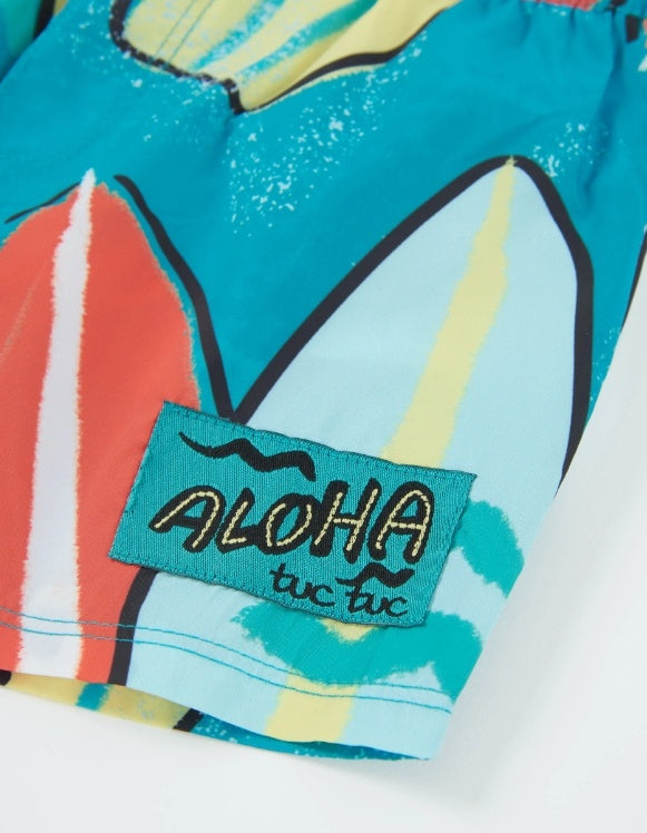 Costume da bagno da bambino in tessuto con stampa di tavole da surf