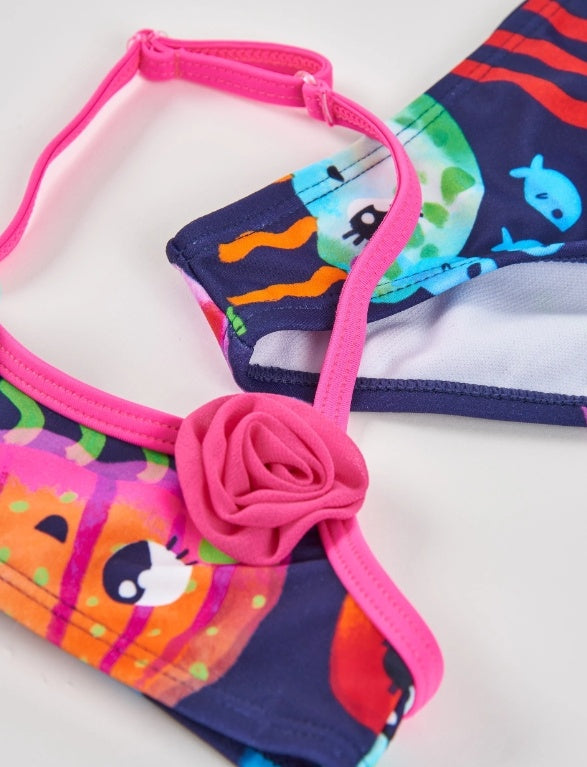 Bikini da bambina in maglia con fiori applicati