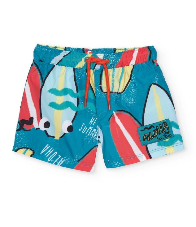 Costume da bagno da bambino in tessuto con stampa di tavole da surf
