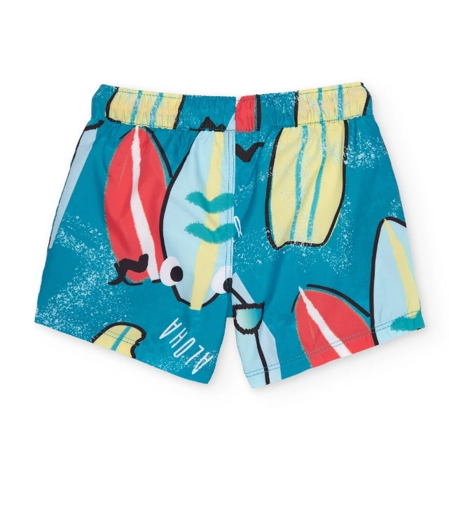 Costume da bagno da bambino in tessuto con stampa di tavole da surf