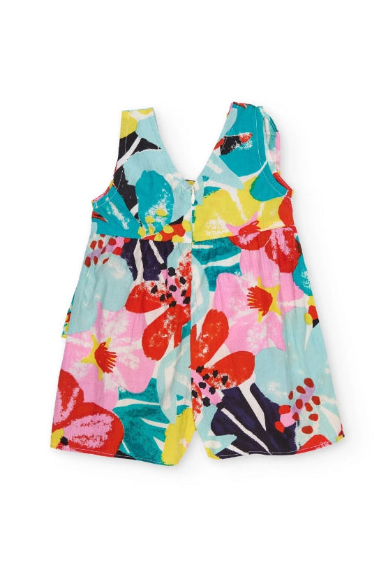 Tuta corta da bambina con stampa floreale multicolore e volant