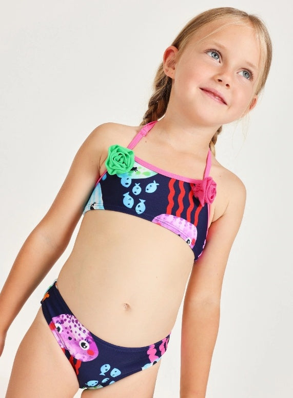 Bikini da bambina in maglia con fiori applicati