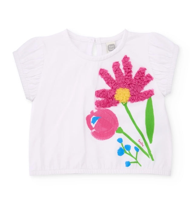 T-shirt da bambina in maglia con fiore in rilievo