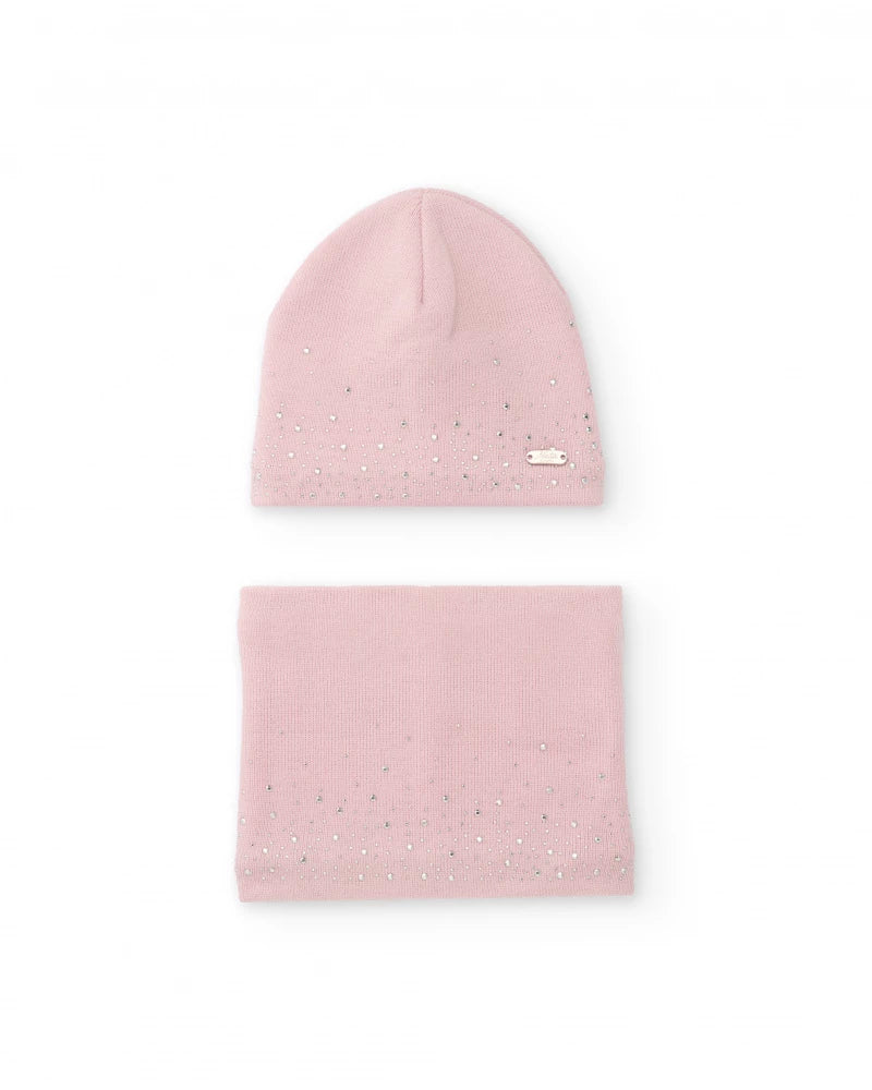 Set bambina con berretto rosa e scaldacollo con dettagli strass