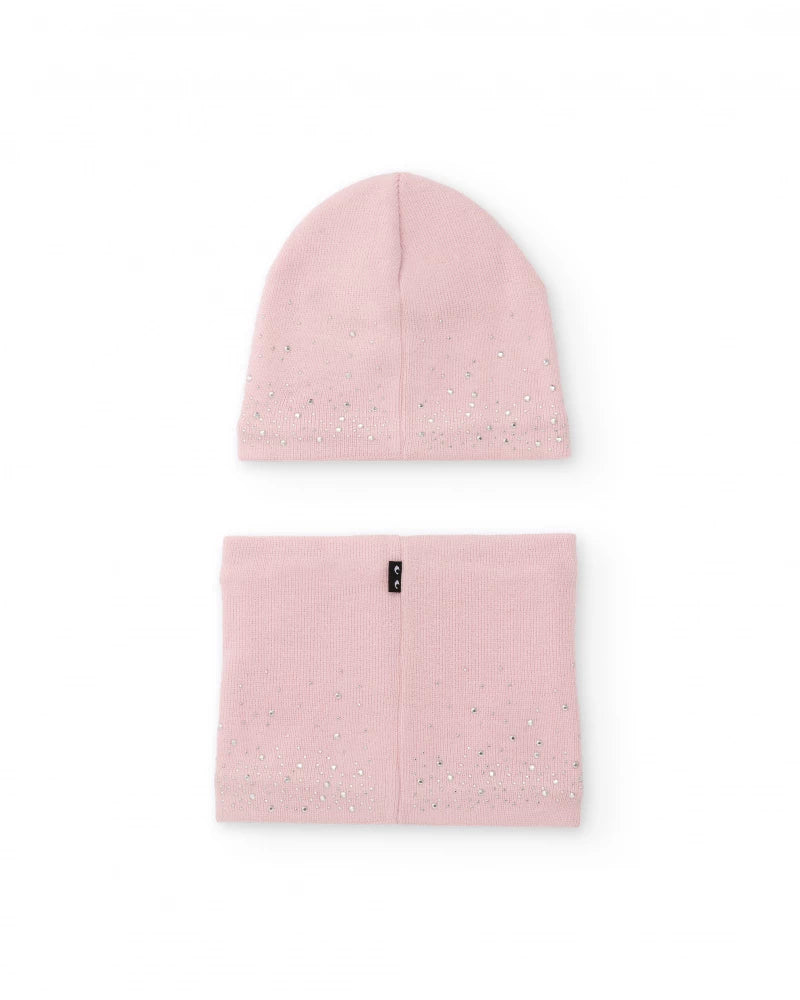 Set bambina con berretto rosa e scaldacollo con dettagli strass