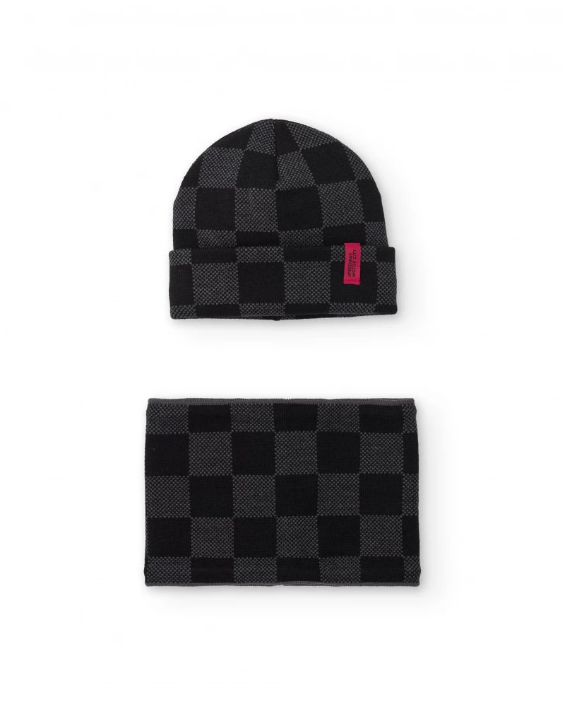 Set berretto e scaldacollo in maglia a quadri neri e grigi