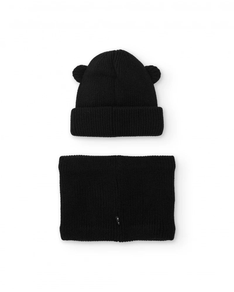 Set di berretto e scaldacollo per bambina in maglia nera con orecchiette