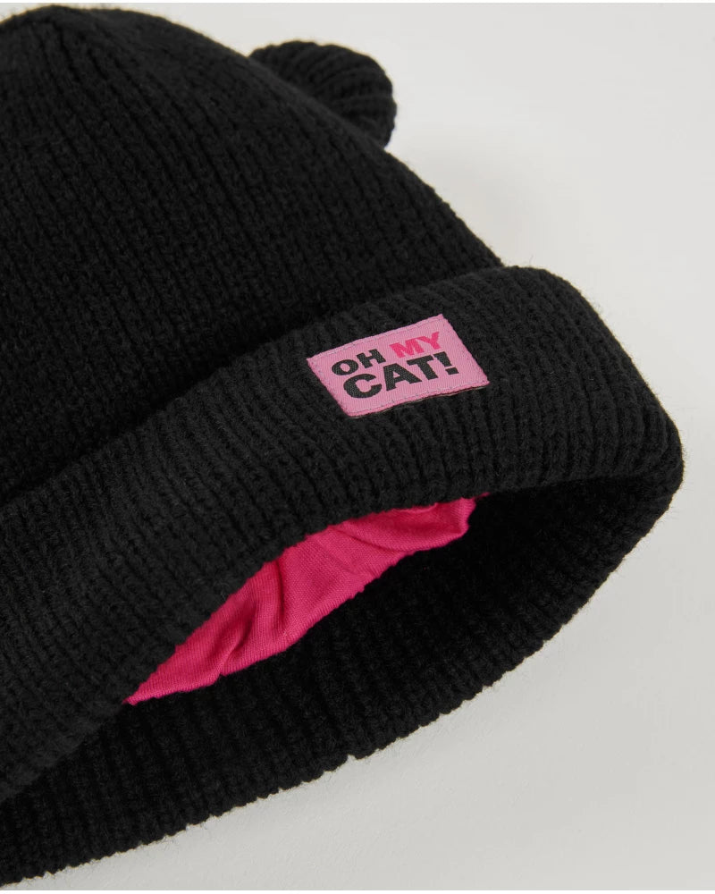 Set di berretto e scaldacollo per bambina in maglia nera con orecchiette