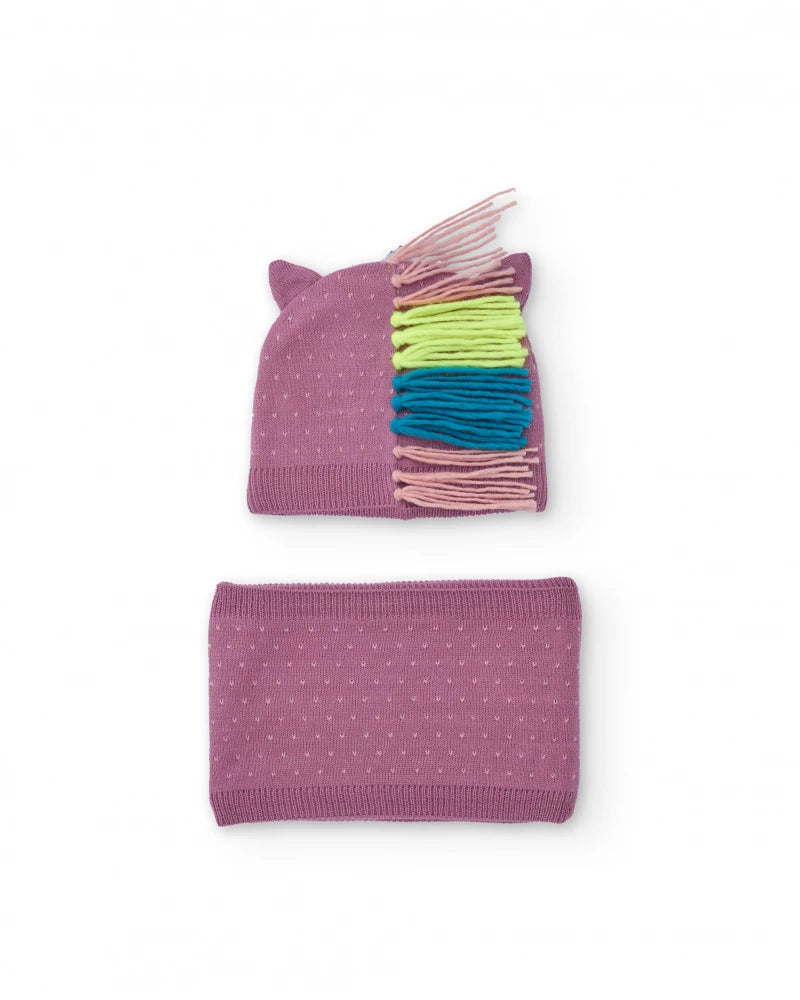 Set di cappello e collo in maglia per bambina color malva con design di unicorno.