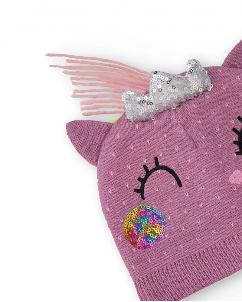 Set di cappello e collo in maglia per bambina color malva con design di unicorno.