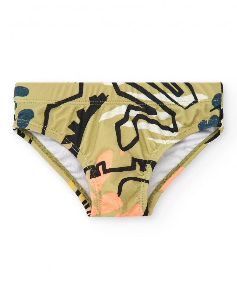 Slip da bagno kaki per bambino con stampa di dinosauri